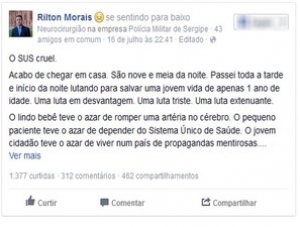 Médico desabafa em rede social sobre falta de condições no Huse