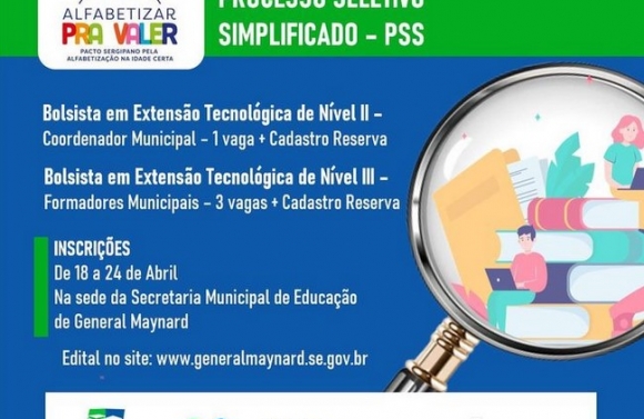 Prefeitura de General Maynard processo seletivo para bolsistas de extensão tecnológica nos níveis II e III do programa Alfabetizar Pra Valer