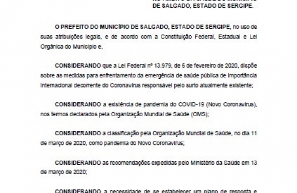 Prefeito de Salgado emite Decreto de Emergência contra o coronavírus