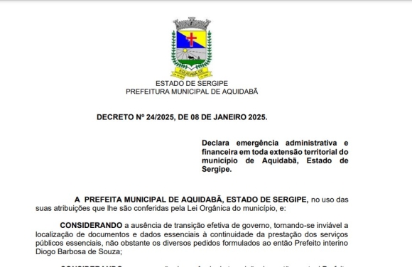 Aquidabã decreta emergência administrativa por 90 dias