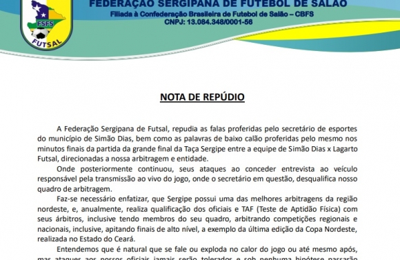 Federação Sergipana de Futsal repudia falas do secretário de esportes de Simão Dias