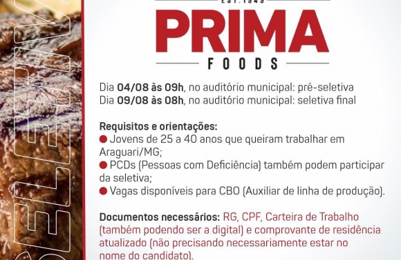 Prefeitura de Itaporanga d’Ajuda abre processo seletivo para serviços na Prima Foods