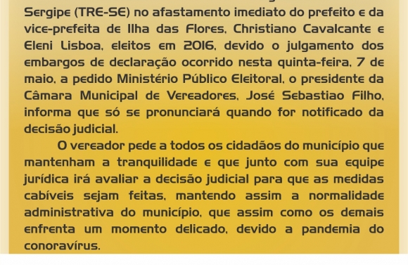 Presidente da Câmara pronuncia sobre a possível posse como prefeito de Ilha das Flores